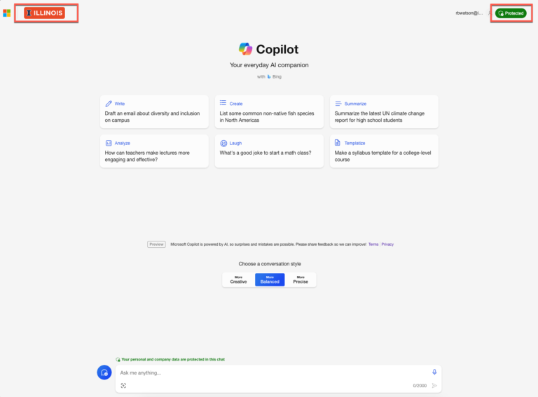 Copilot with Data Protection home screen as it appears when properly logged in using NetID and password. Above the chatbot, a line of text says “your personal and company data are protected in this chat.