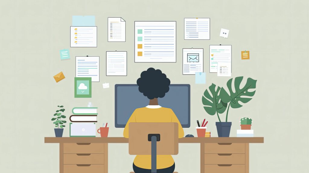 Woman at desk with disorganized cloud storage/digital space and files