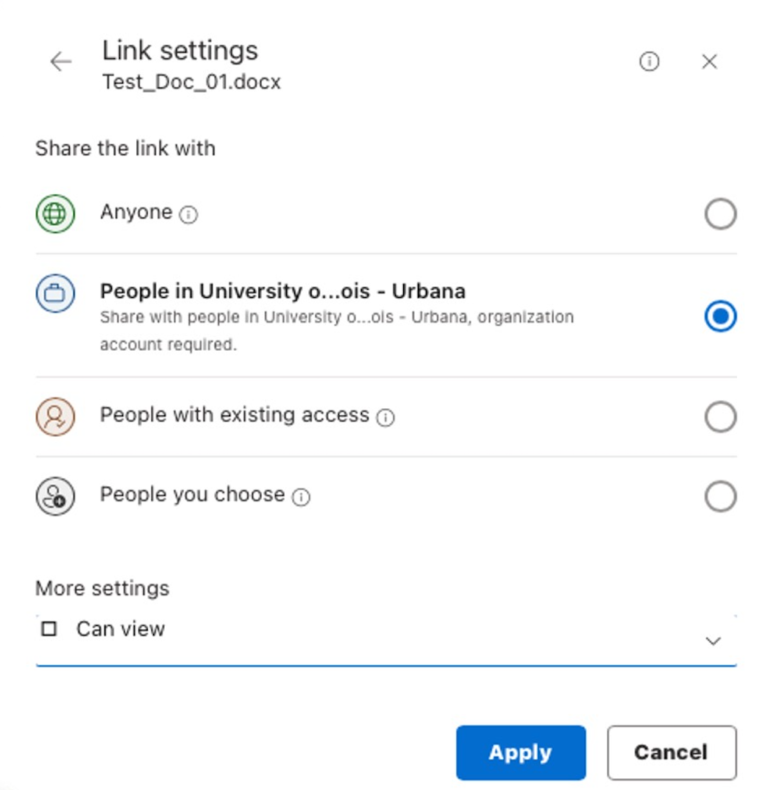 The screenshot shows the previous default option allowing "People in the University of Illinois Champaign Urbana" to view the file.