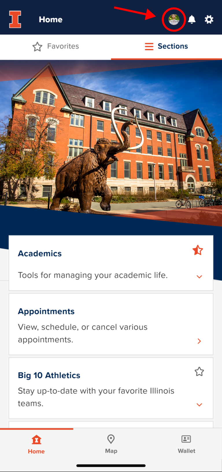Shows U of I App screenshot showing how to login and navigate to settings on the top right