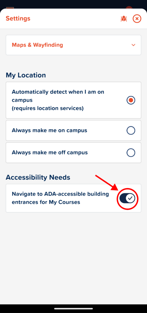 Shows U of I App screenshot of how to navigate to Maps & Wayfinding and toggle the ADA-accessibility toggle on on the bottom