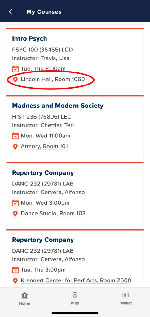 Shows a screenshot of the Illinois App of a list of example courses with locations. The location is circled, indicating you click on it there to get to the next page.