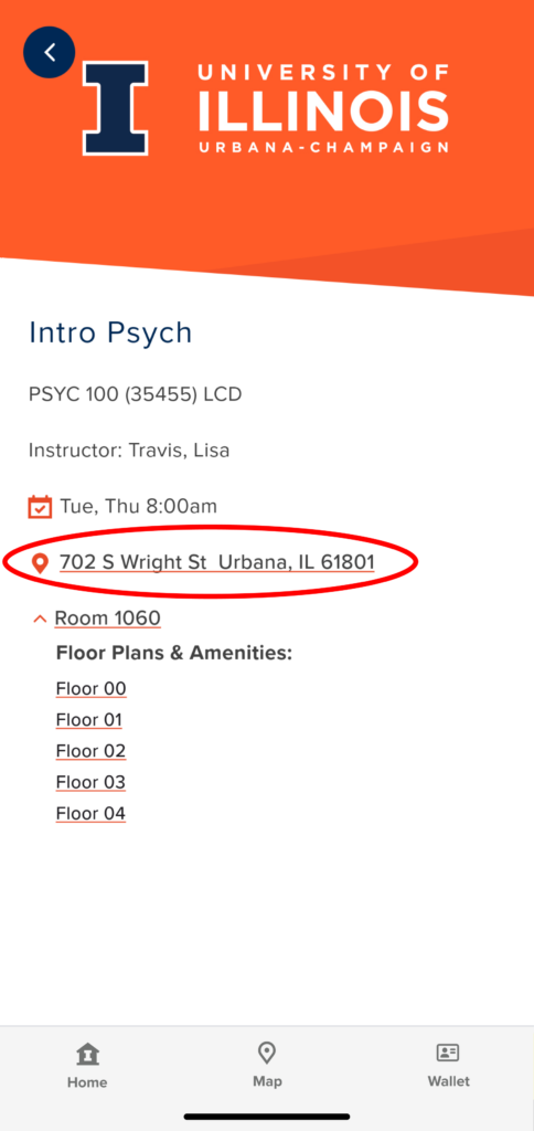 Screenshot of the Illinois App showing that once you click on the location, an address will appear and you should click on it