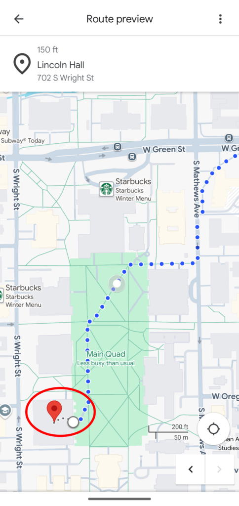 Screenshot of the Illinois App shows that once you click on the address in the app, the Map automatically loads up the fastest route from your location to the location you tapped on