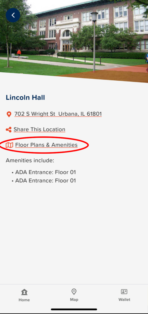 Screenshot of the Illinois App showing how to navigate to "Floor plans and Amenities" and to click on that