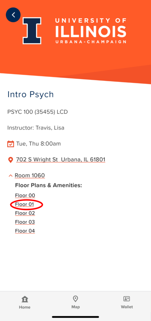 Shows a screenshot of the Illinois App of what to do once you click on the building--you can click on a floor that you want to see the amenities of