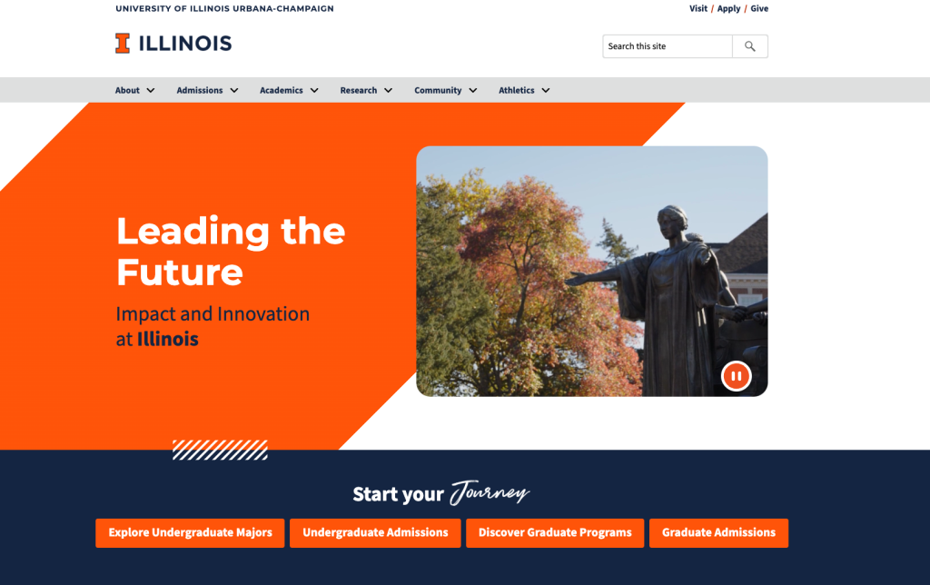 A screenshot of Illinois.edu's new website, showing a fresh design with bolder colors and demonstrating more accessibility. 
